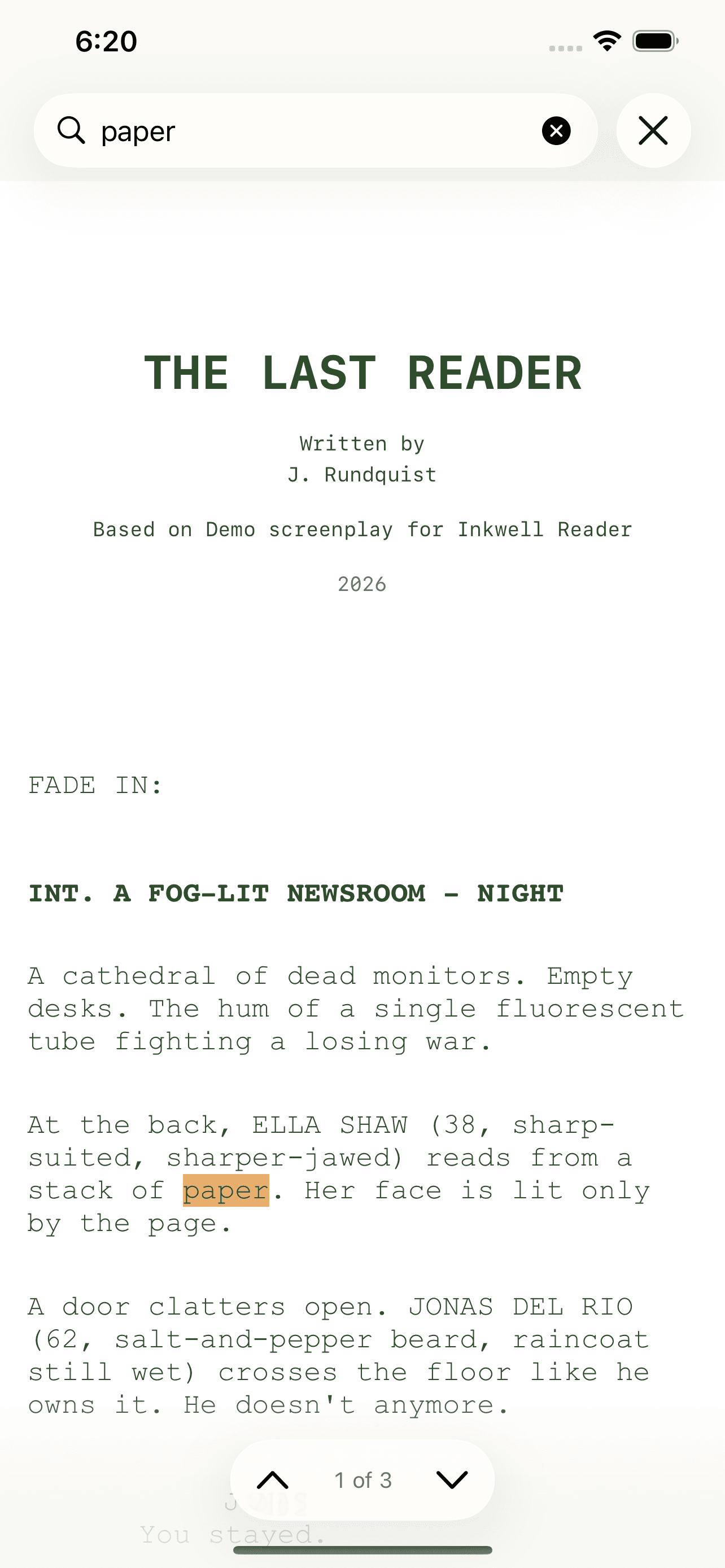 The search and scene jump-list in Inkwell Reader on iPhone