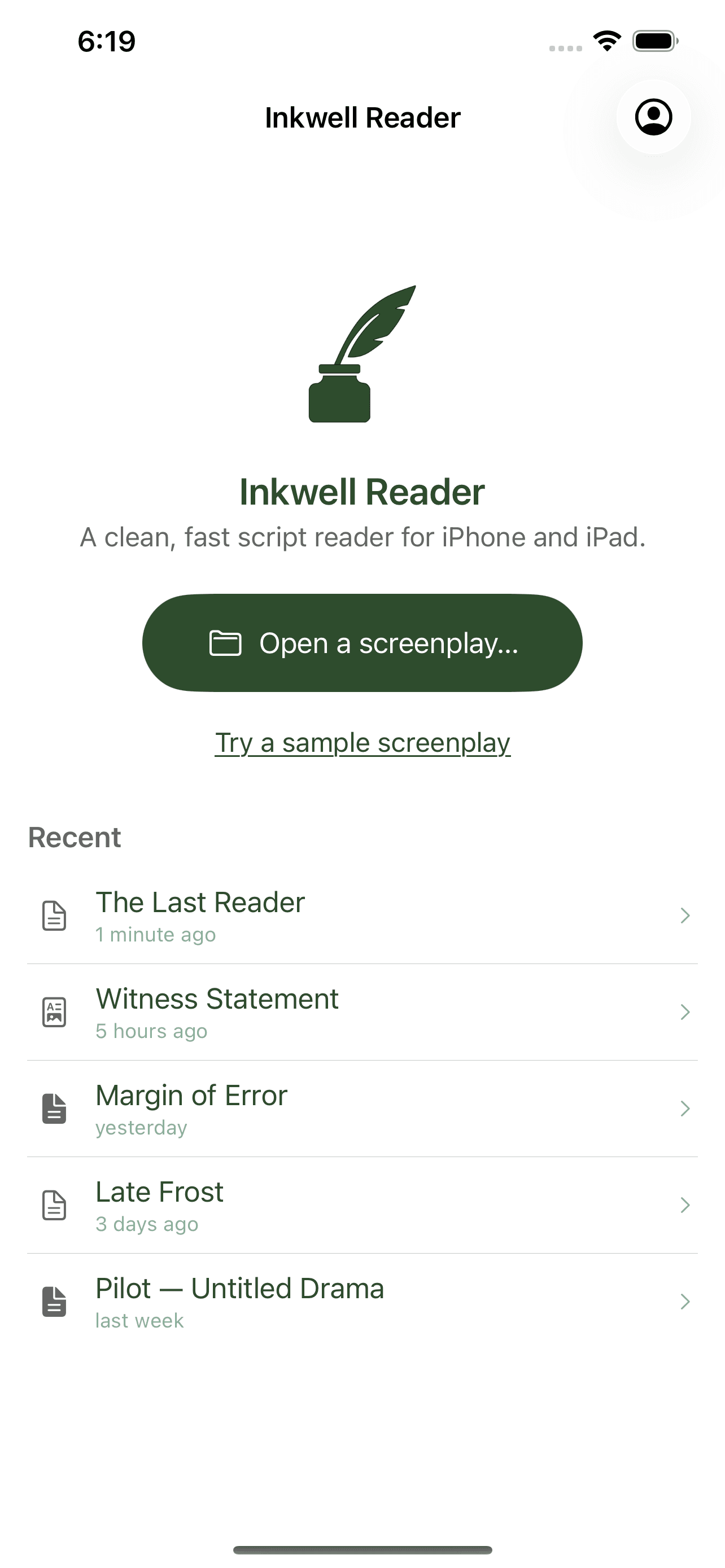 The on-device script library in Inkwell Reader on iPhone