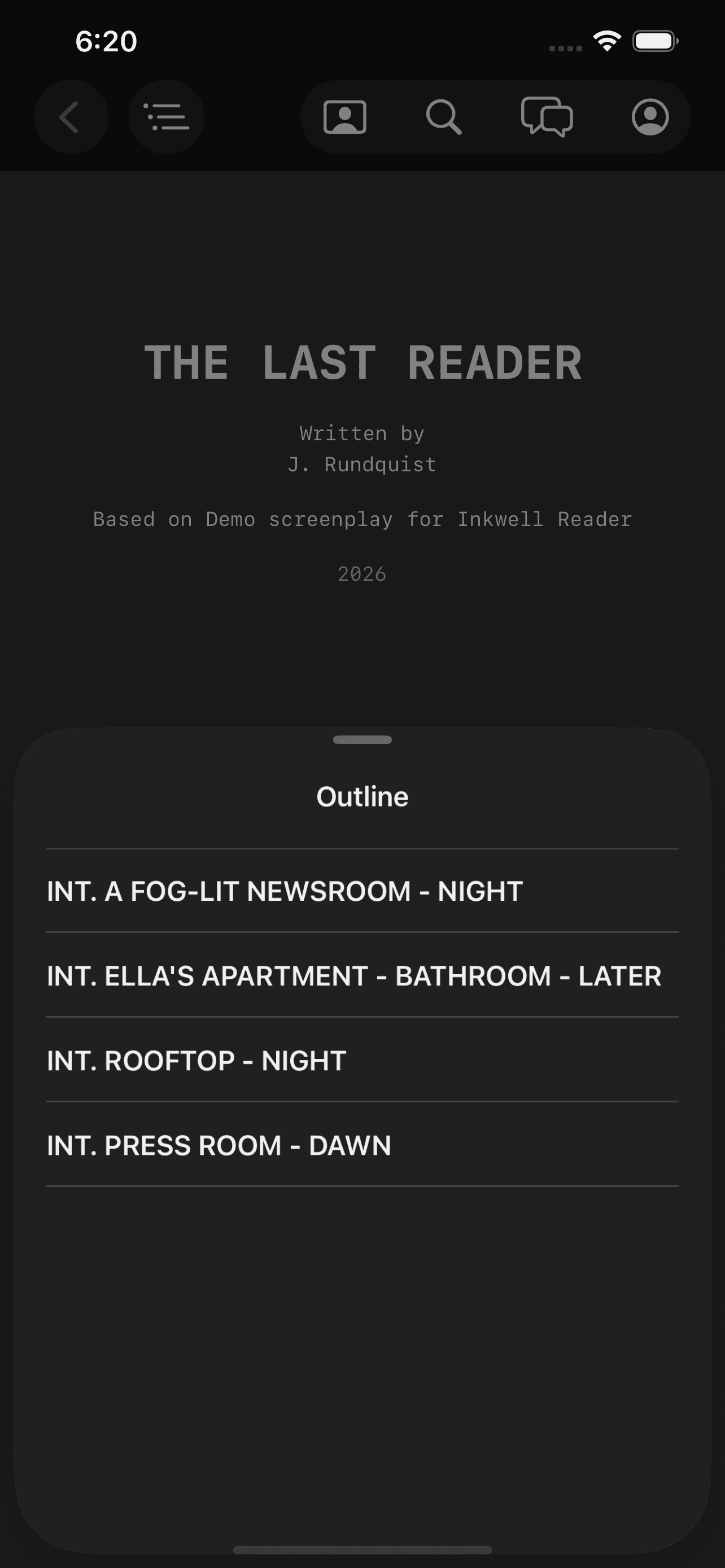 The outline drawer over a script in the midnight reading theme