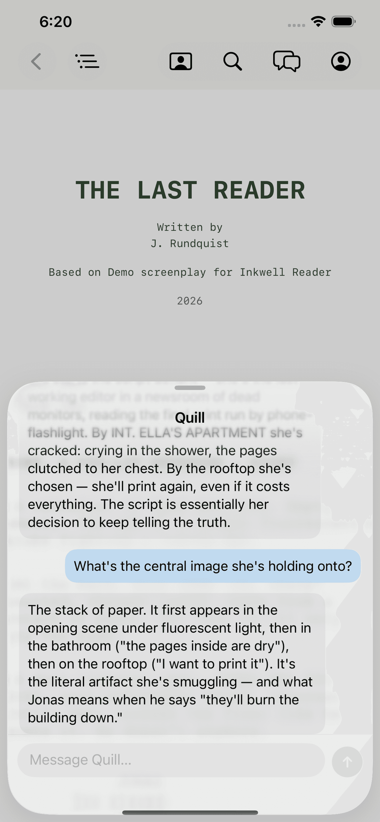 The Quill panel open next to a script in Inkwell Reader on iPhone