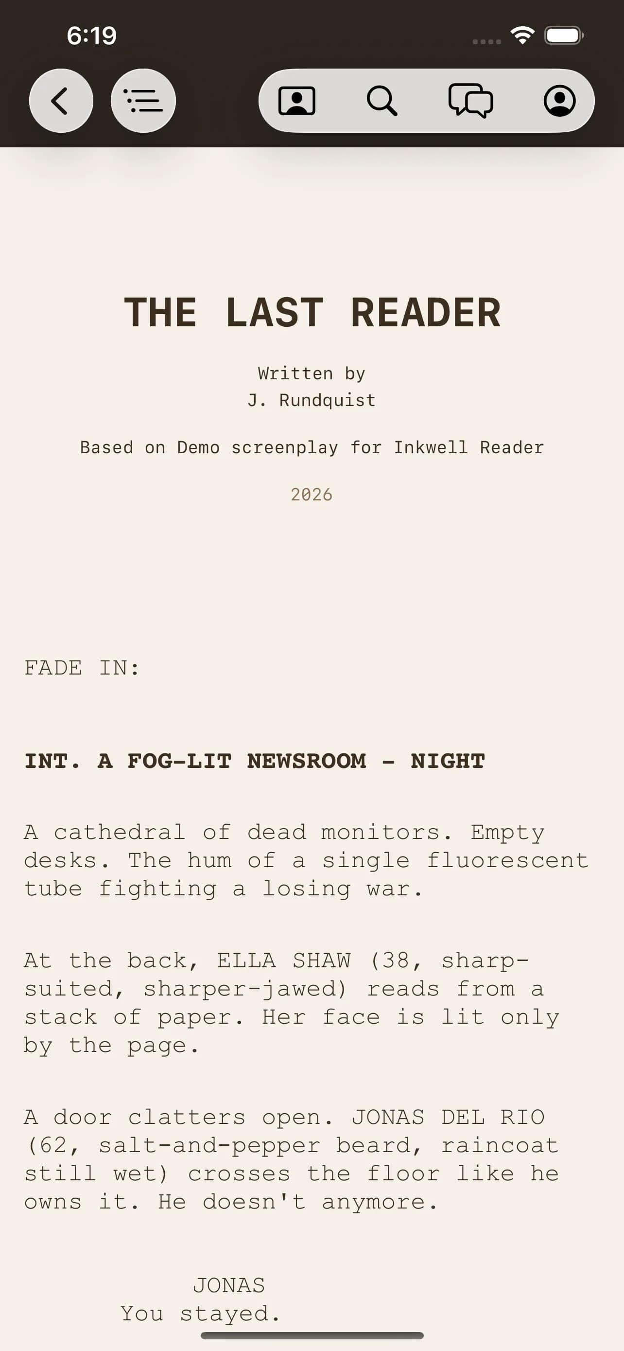 A screenplay being read in the Inkwell Reader on iPhone