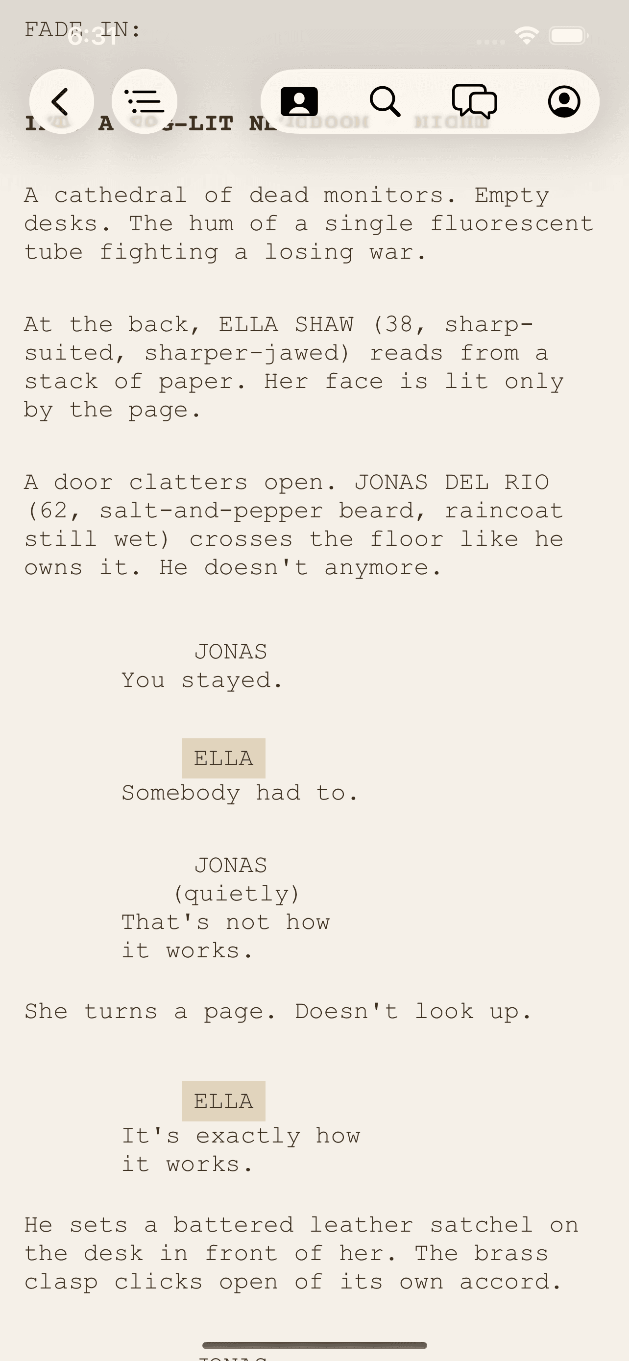 A script with dialogue sides highlighted in the sepia theme