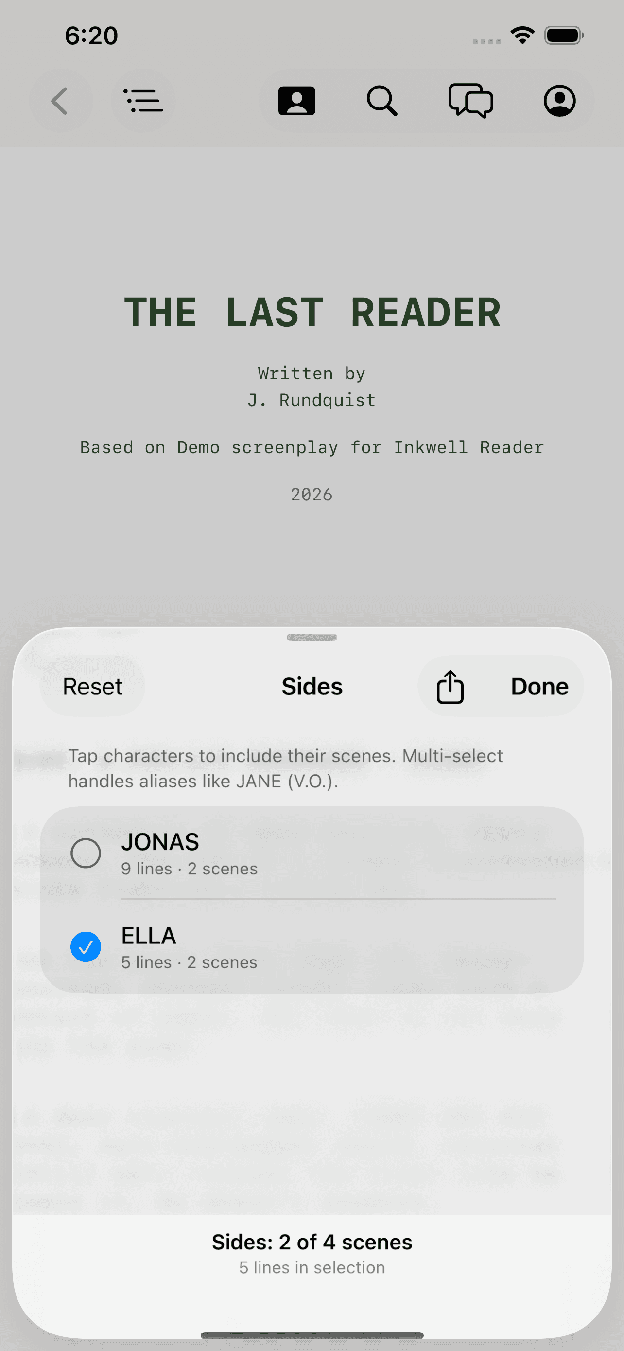 The sides view highlighting one character's dialogue in Inkwell Reader