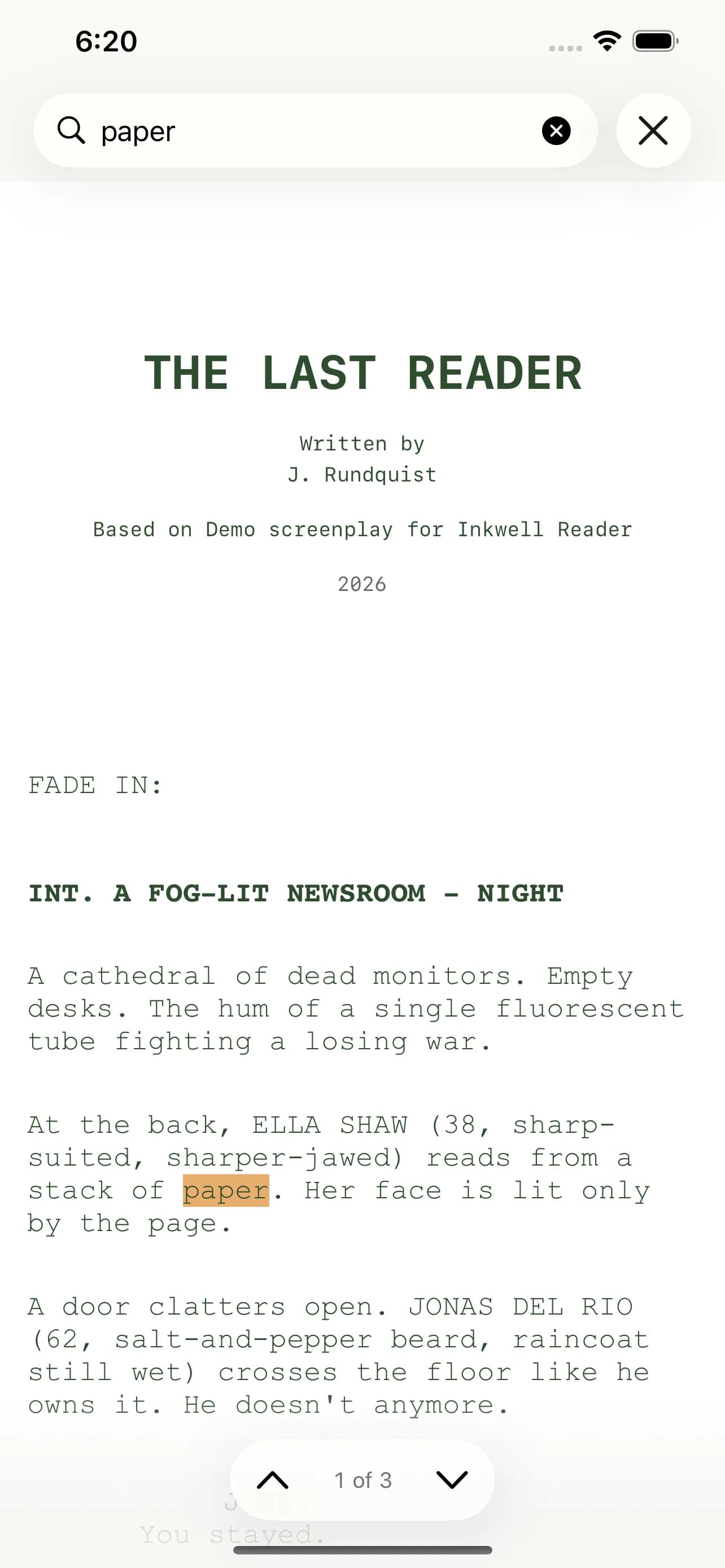 The search and scene jump-list in Inkwell Reader on iPhone