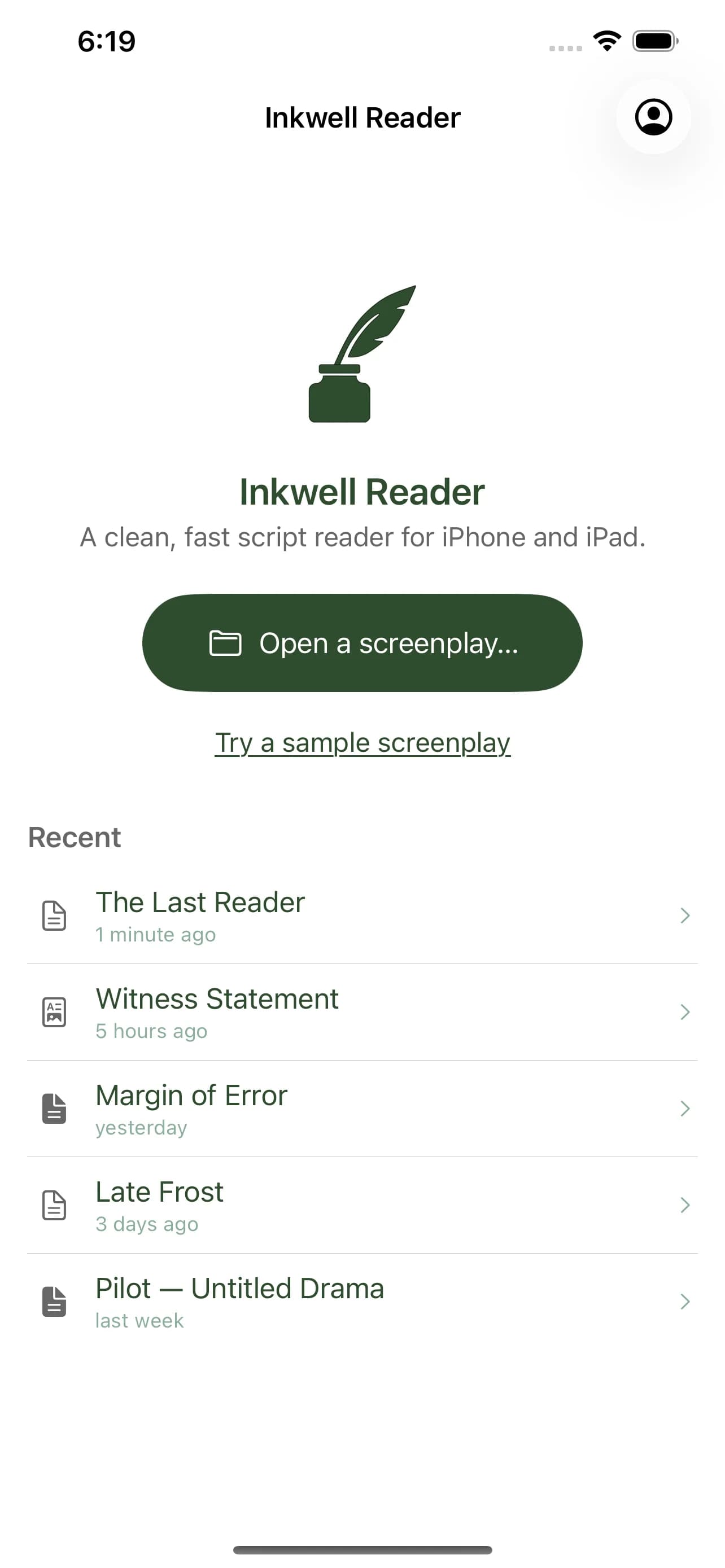 The on-device script library in Inkwell Reader on iPhone