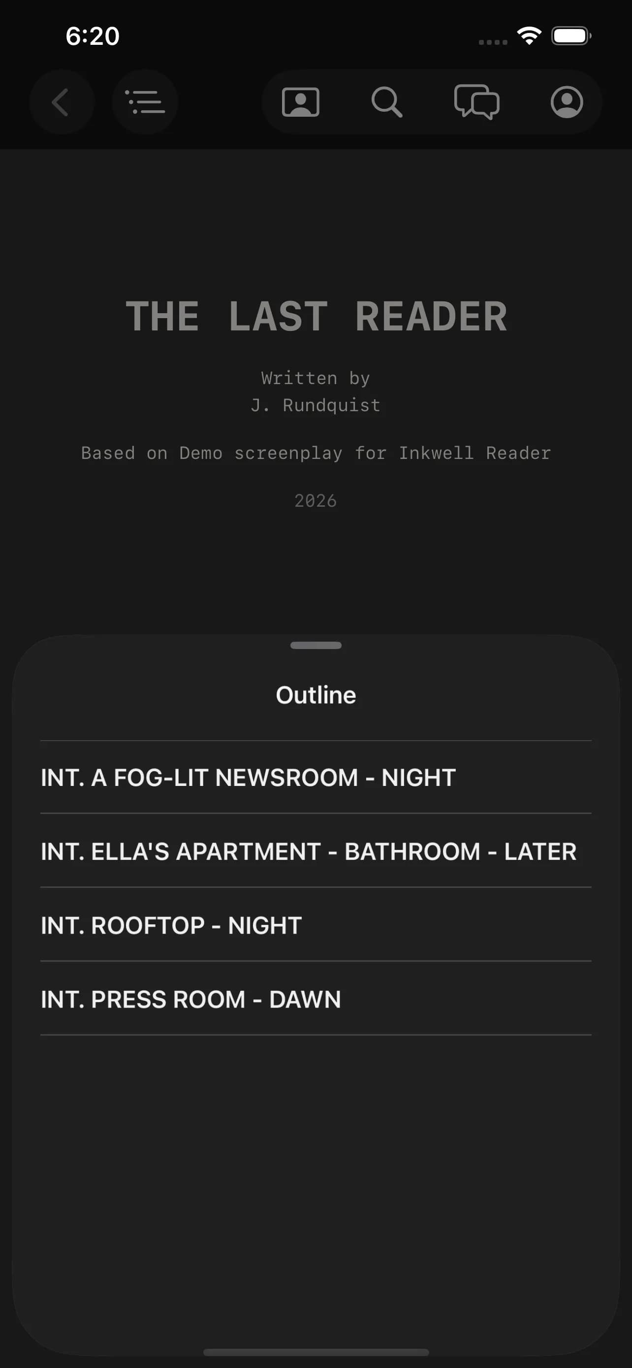The outline drawer over a script in the midnight reading theme