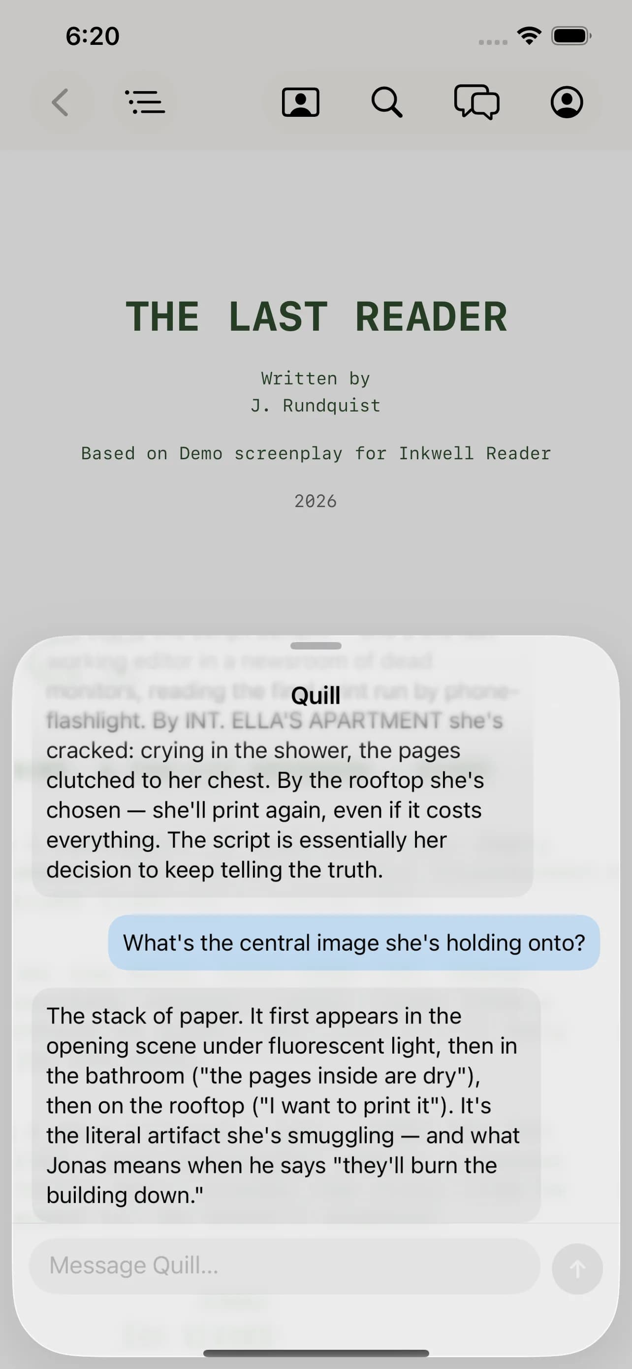 The Quill panel open next to a script in Inkwell Reader on iPhone