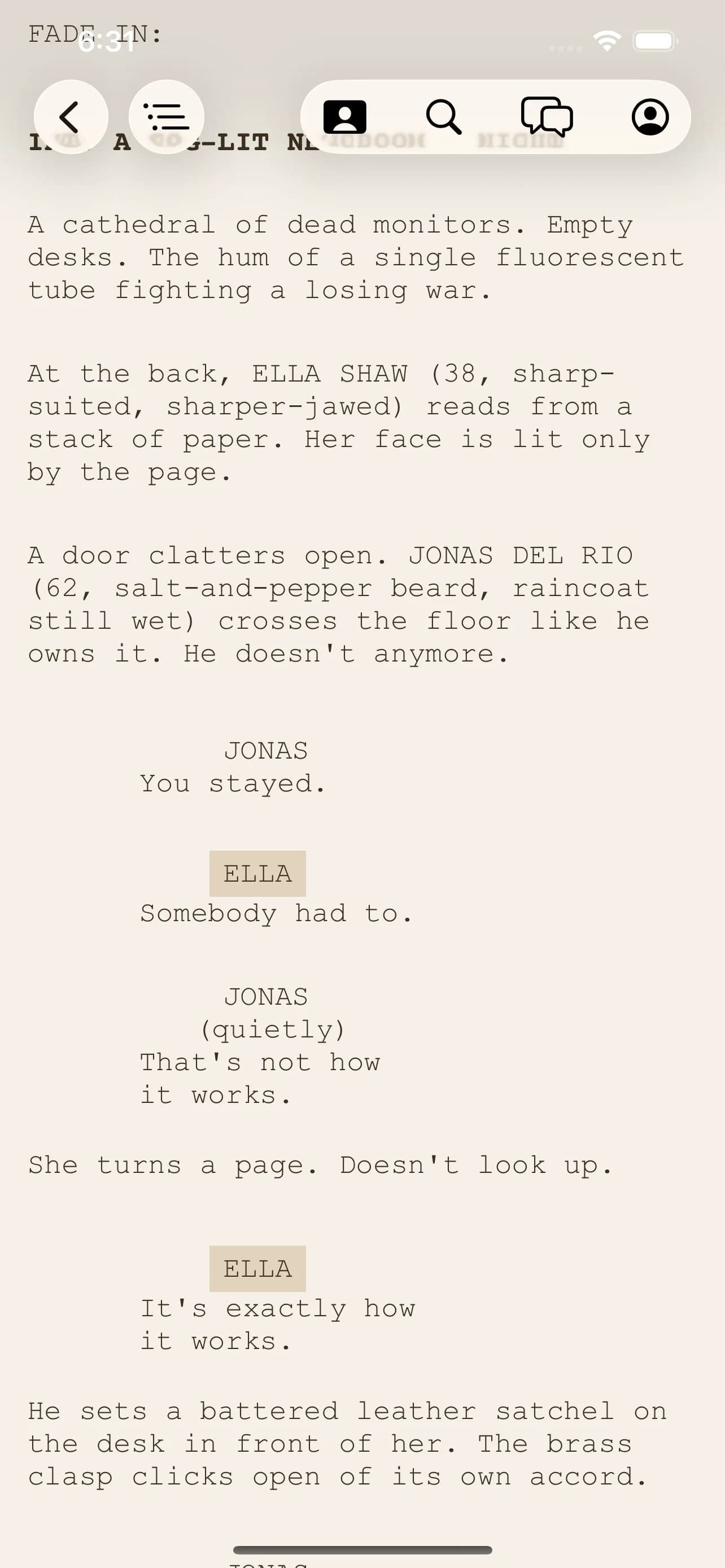 A script with dialogue sides highlighted in the sepia theme