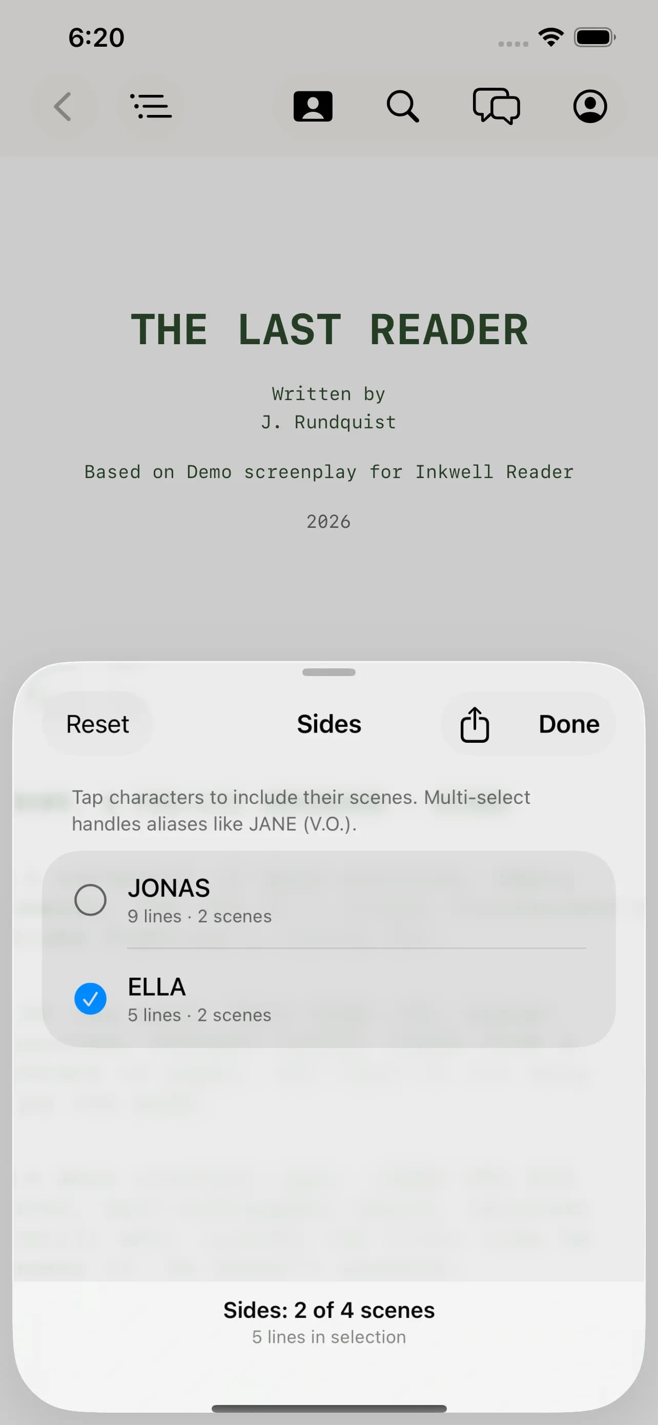 The sides view highlighting one character's dialogue in Inkwell Reader